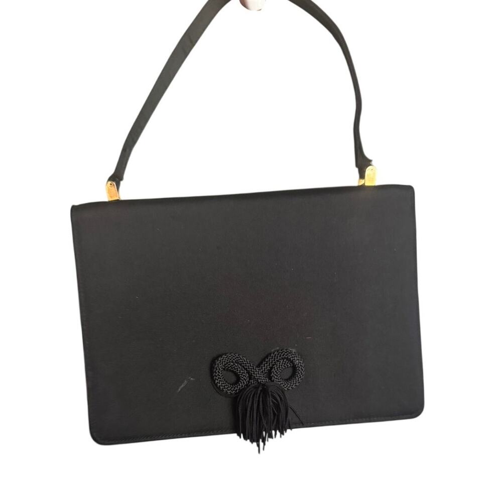 Vintage Manon Black Satin Clutch Shoulder Evening Bag Purse Tassel Accent